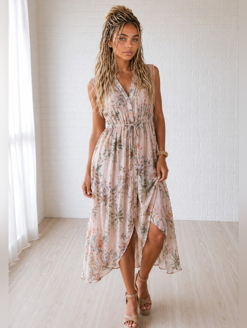 Johnny Was Dress XL Boho Floral Peacock Linen Asymmetrical Beach Travel Resort